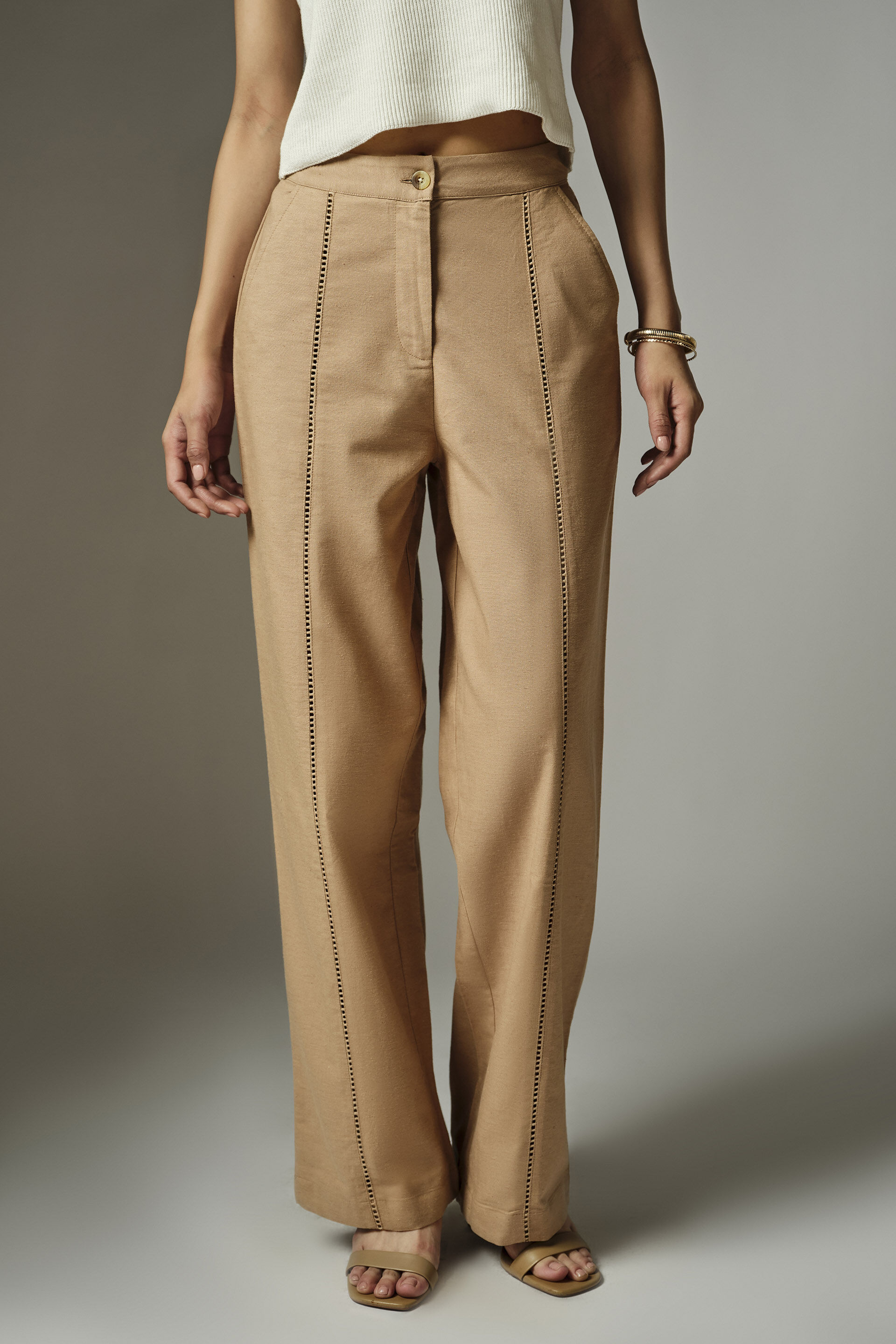 Beige Tapered Fit Trousers